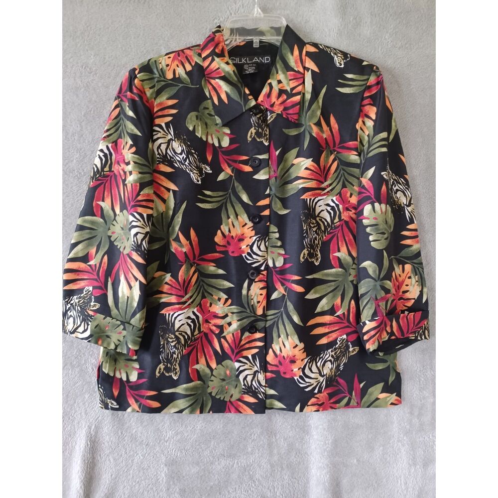 Silkland Jacket‎ Artsy Sz 10 Zebra Tropical Safari 100% Silk ButtonUp 3/4 Sleeve